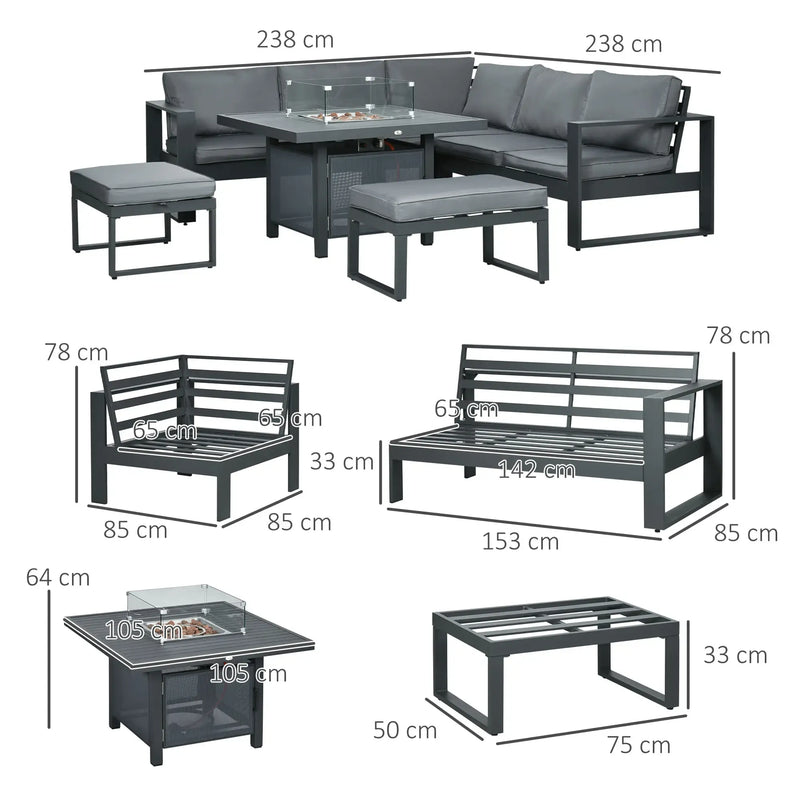Outsunny 6-Piece Aluminium Garden Sofa Set with Fire Pit Grey