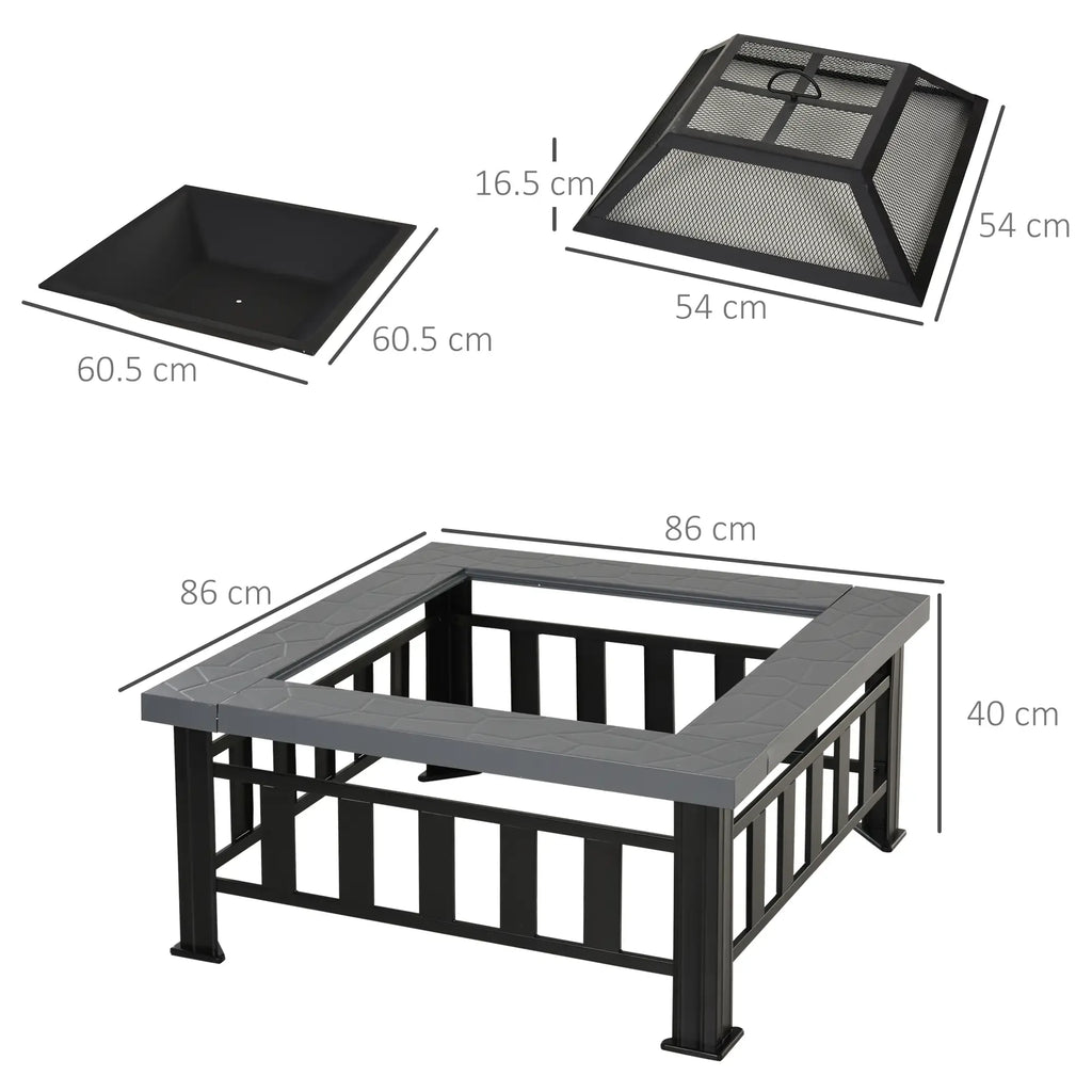 Outsunny Metal Large Firepit Outdoor Square Fire Pit Brazier with Rain Cover