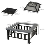 Outsunny Metal Large Firepit Outdoor Square Fire Pit Brazier with Rain Cover