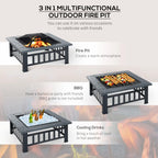 Outsunny Metal Large Firepit Outdoor Square Fire Pit Brazier with Rain Cover