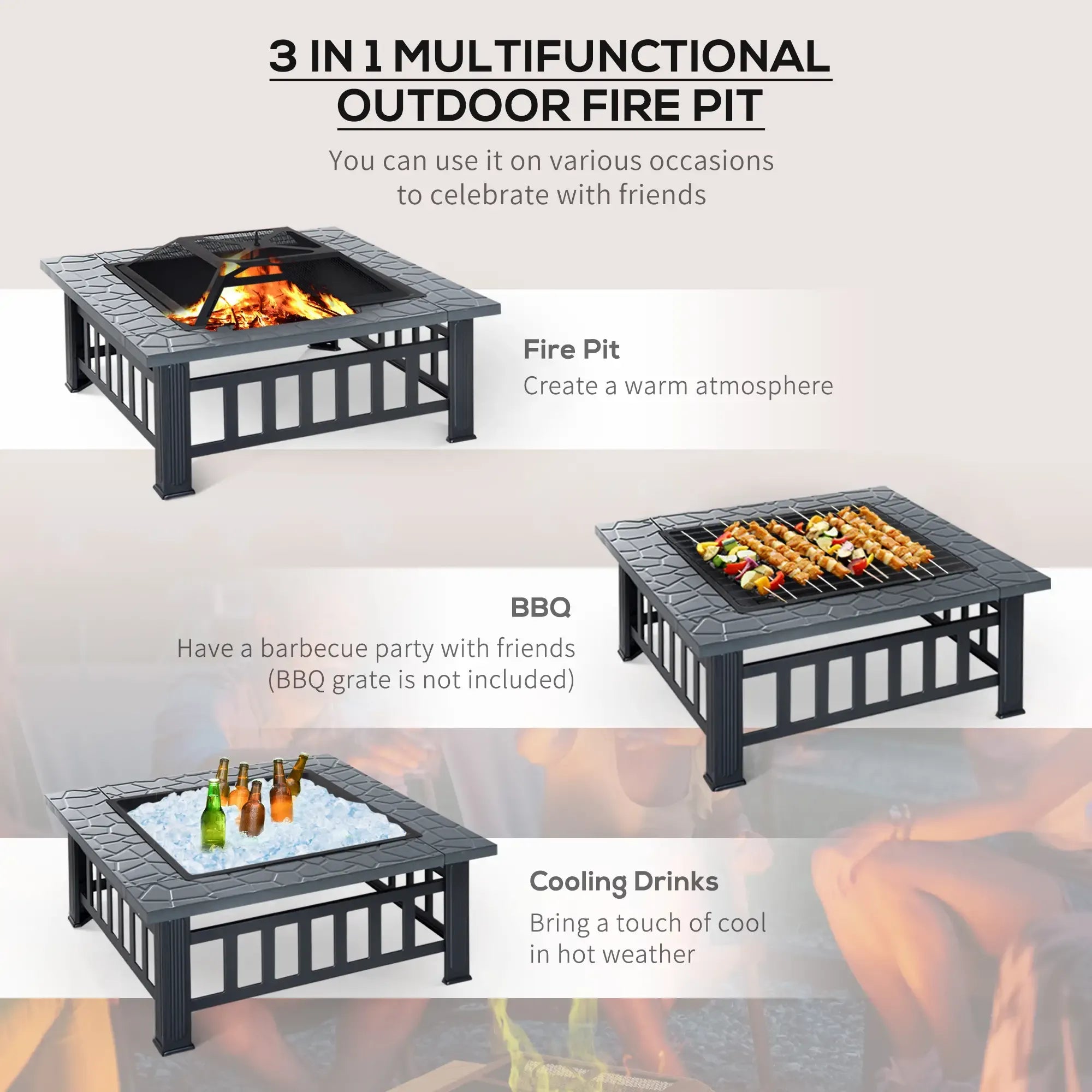 Outsunny Metal Large Firepit Outdoor Square Fire Pit Brazier with Rain Cover
