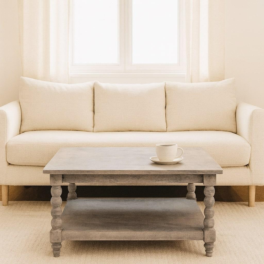 Solid Mango Wood Coffee Table with Open Storage Slot, Beige