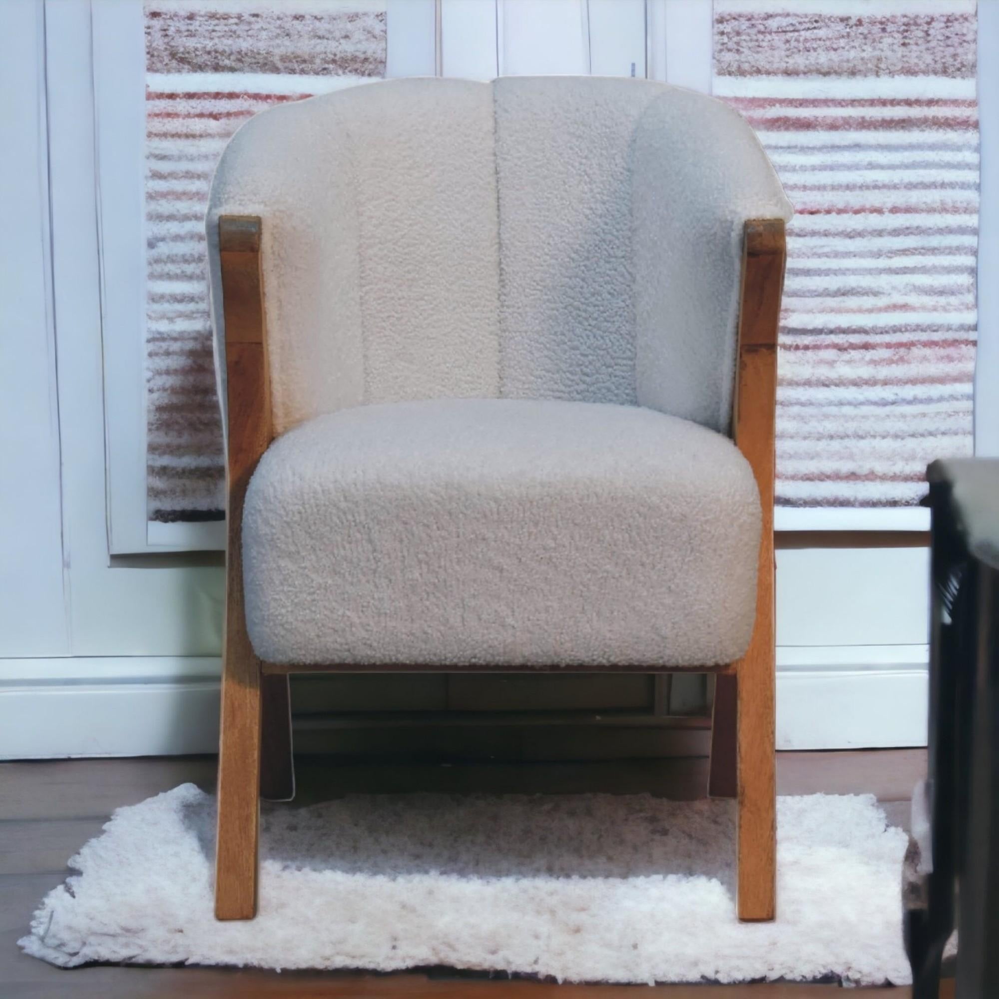 Bouclé Handcrafted Accent Chair with Solid Mango Wood Frame, Brown