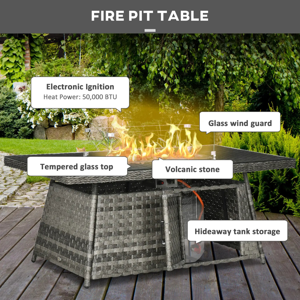 Outsunny 7-Piece Rattan Garden Sofa Set with Fire Pit Grey