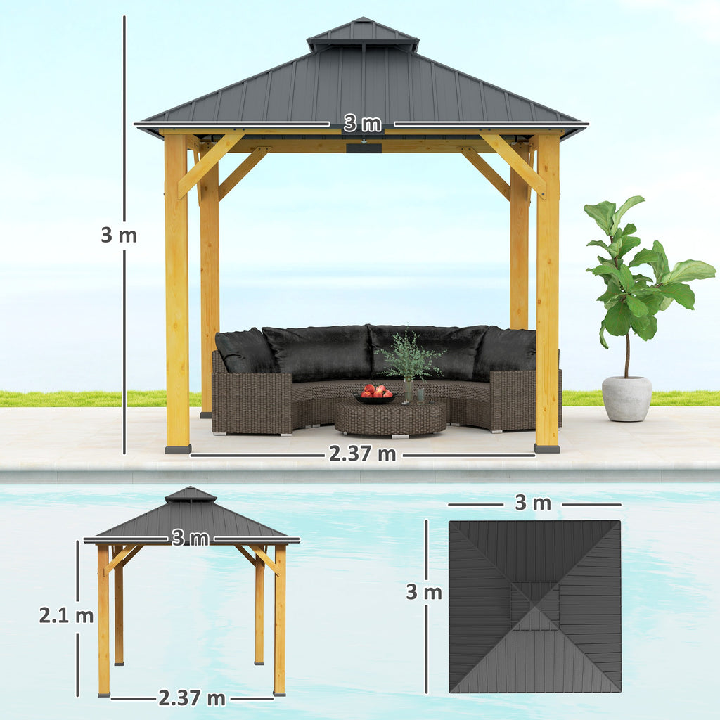 Outsunny Hardtop Gazebo Wood Frame Grey 3x3m