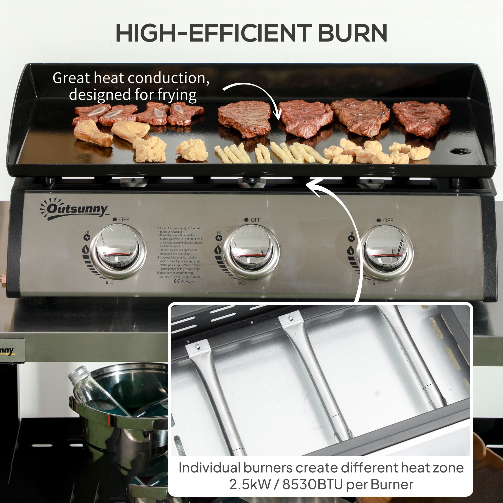 Outsunny 3 Burner Gas BBQ Grill with Lid Black