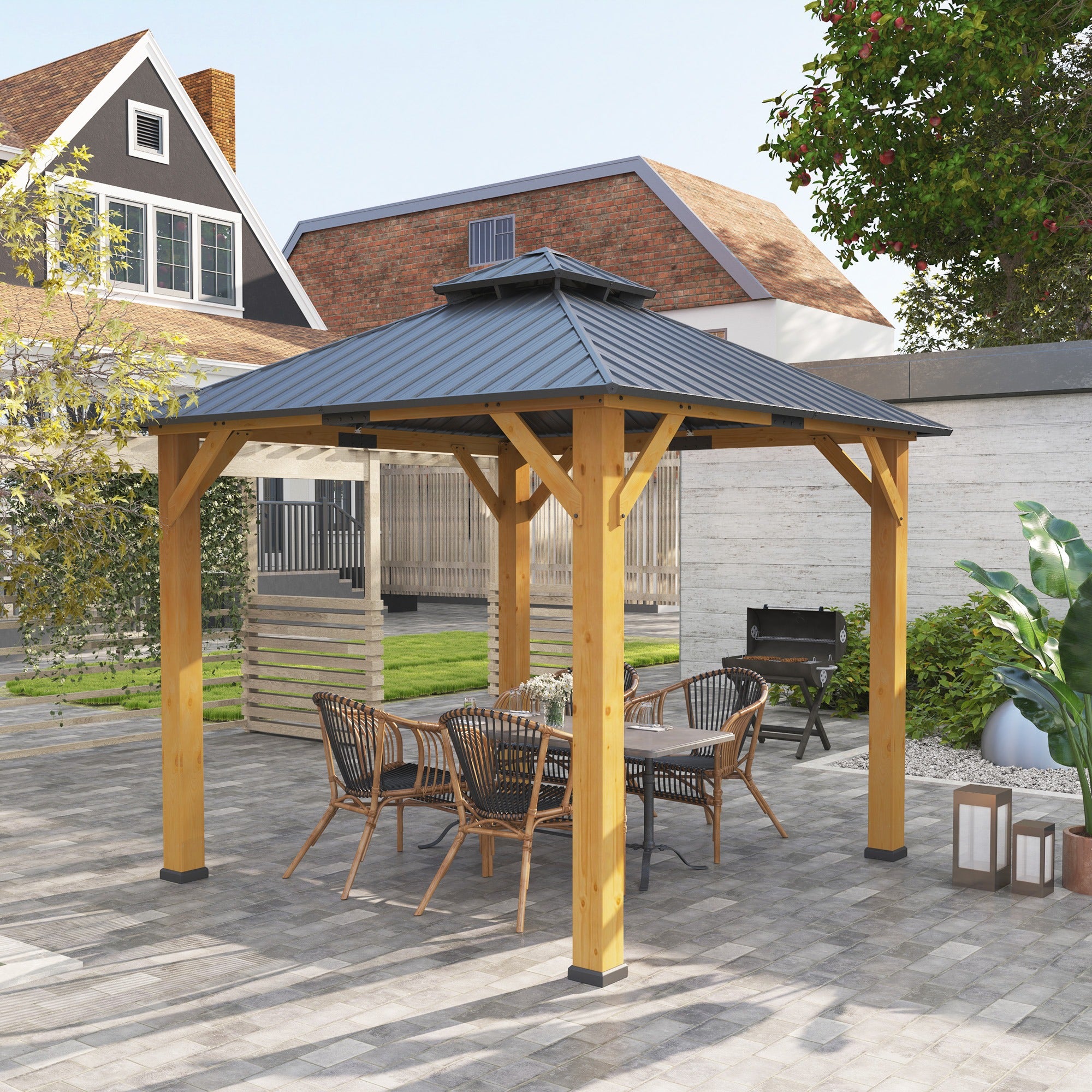 Outsunny Hardtop Gazebo Wood Frame Grey 3x3m