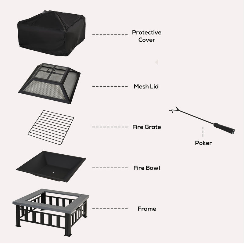Outsunny Metal Large Firepit Outdoor Square Fire Pit Brazier with Rain Cover