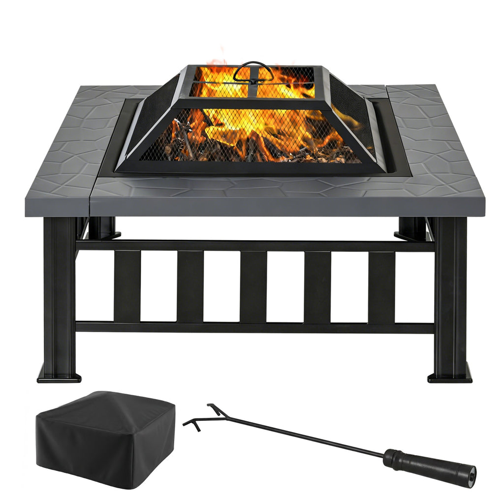 Outsunny Metal Large Firepit Outdoor Square Fire Pit Brazier with Rain Cover