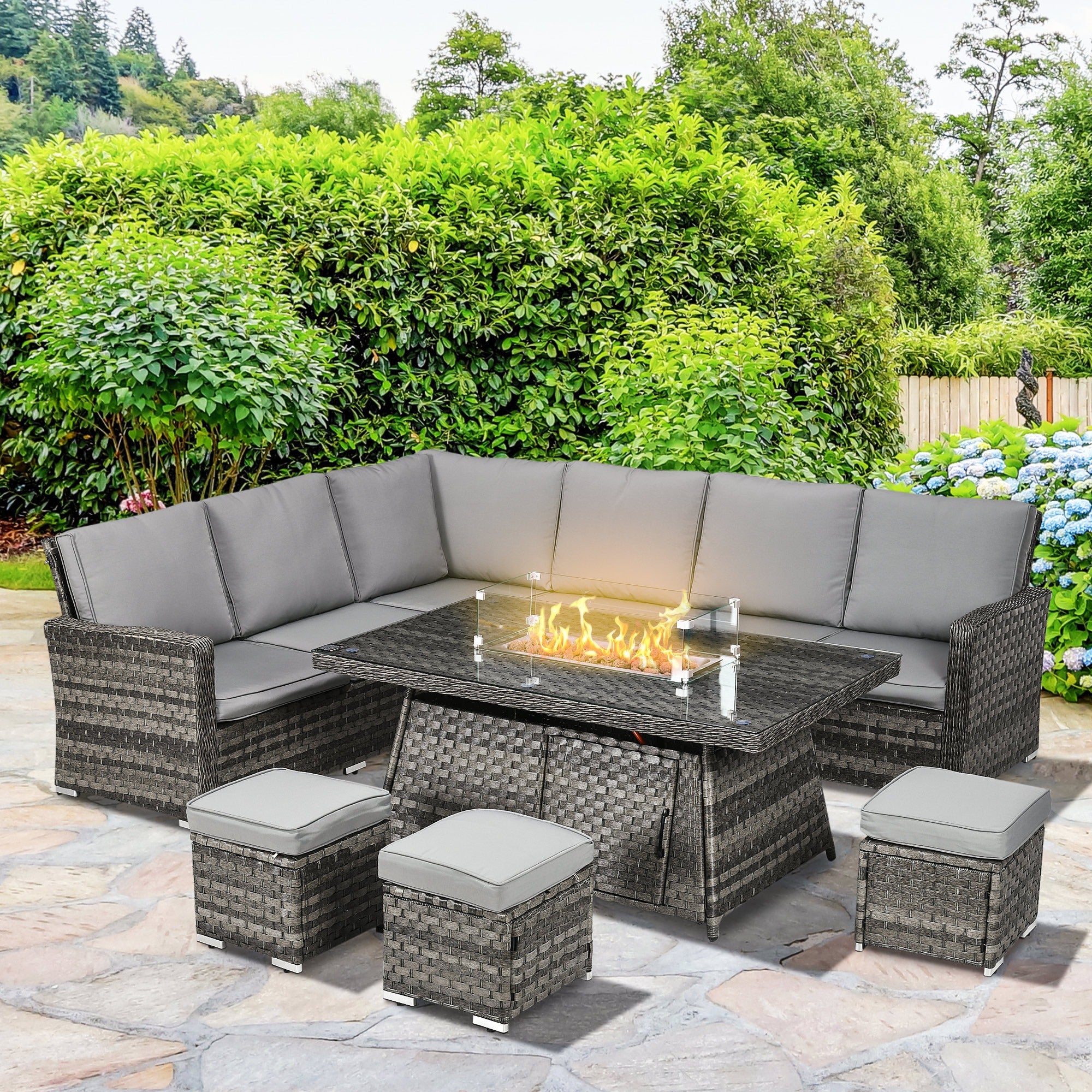 Outsunny 7-Piece Rattan Garden Sofa Set with Fire Pit Grey