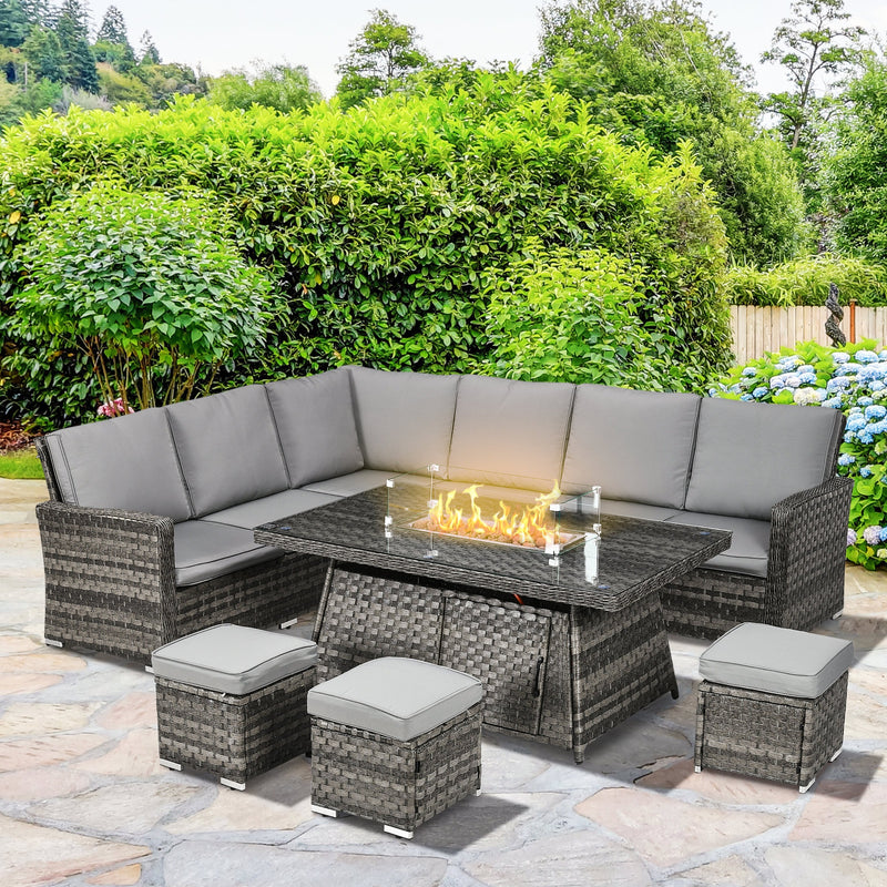 Outsunny 7-Piece Rattan Garden Sofa Set with Fire Pit Grey
