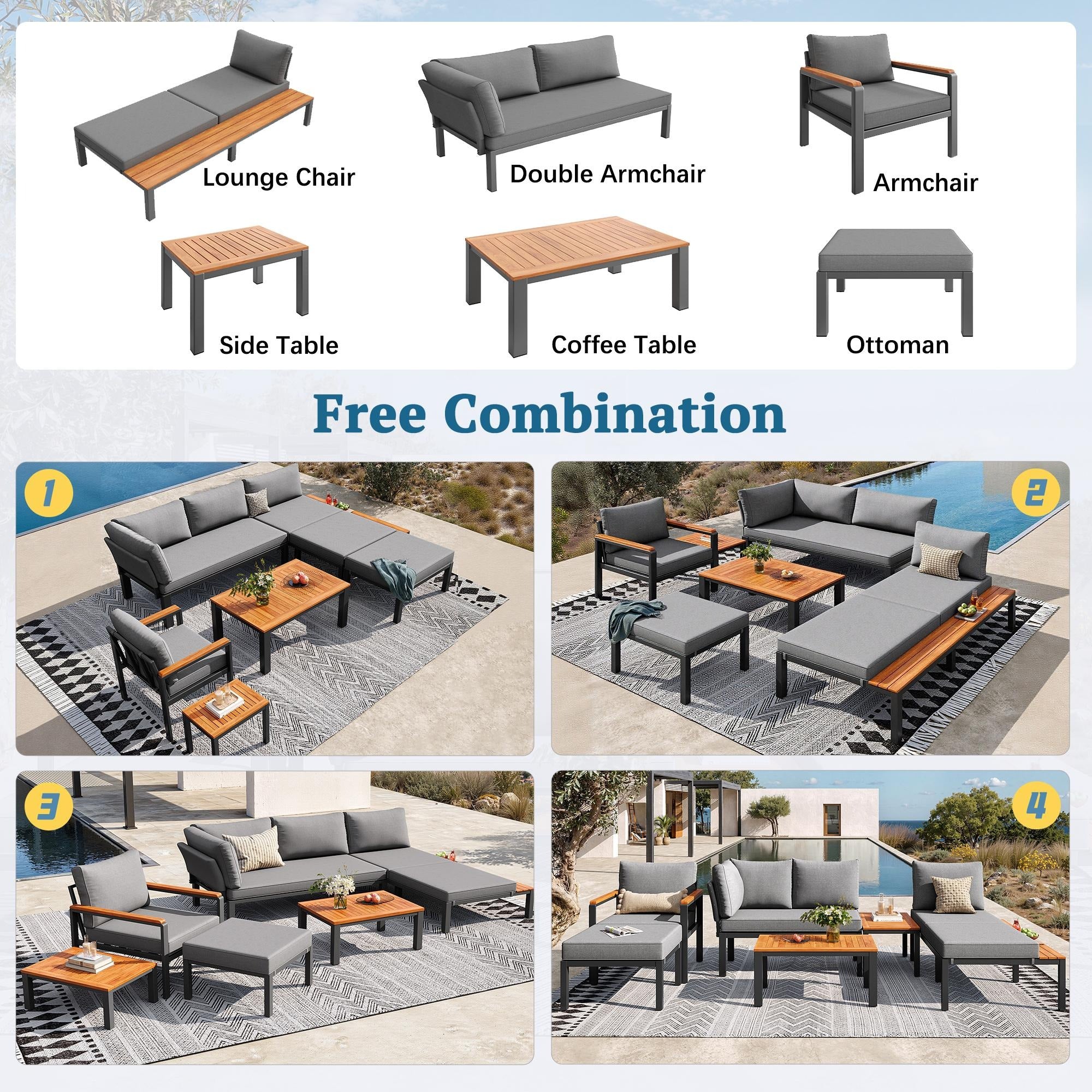 Modular Outdoor Garden Sofa Set with Aluminium Frame - Grey | Outsunny
