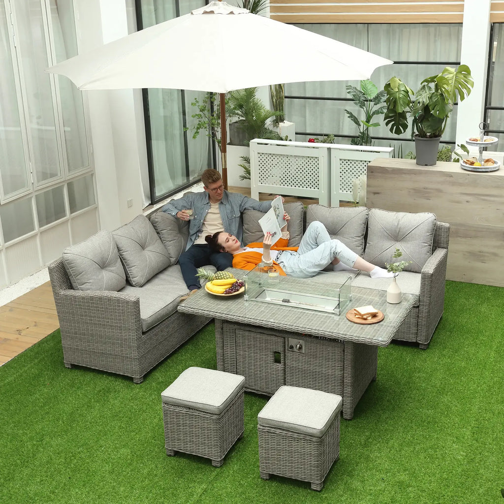 Outsunny 8-Seater Outdoor PE Rattan Sofa Set with Fire Pit Table