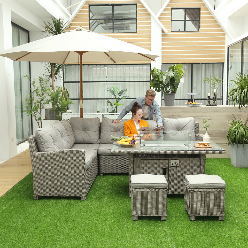 Outsunny 8-Seater Outdoor PE Rattan Sofa Set with Fire Pit Table