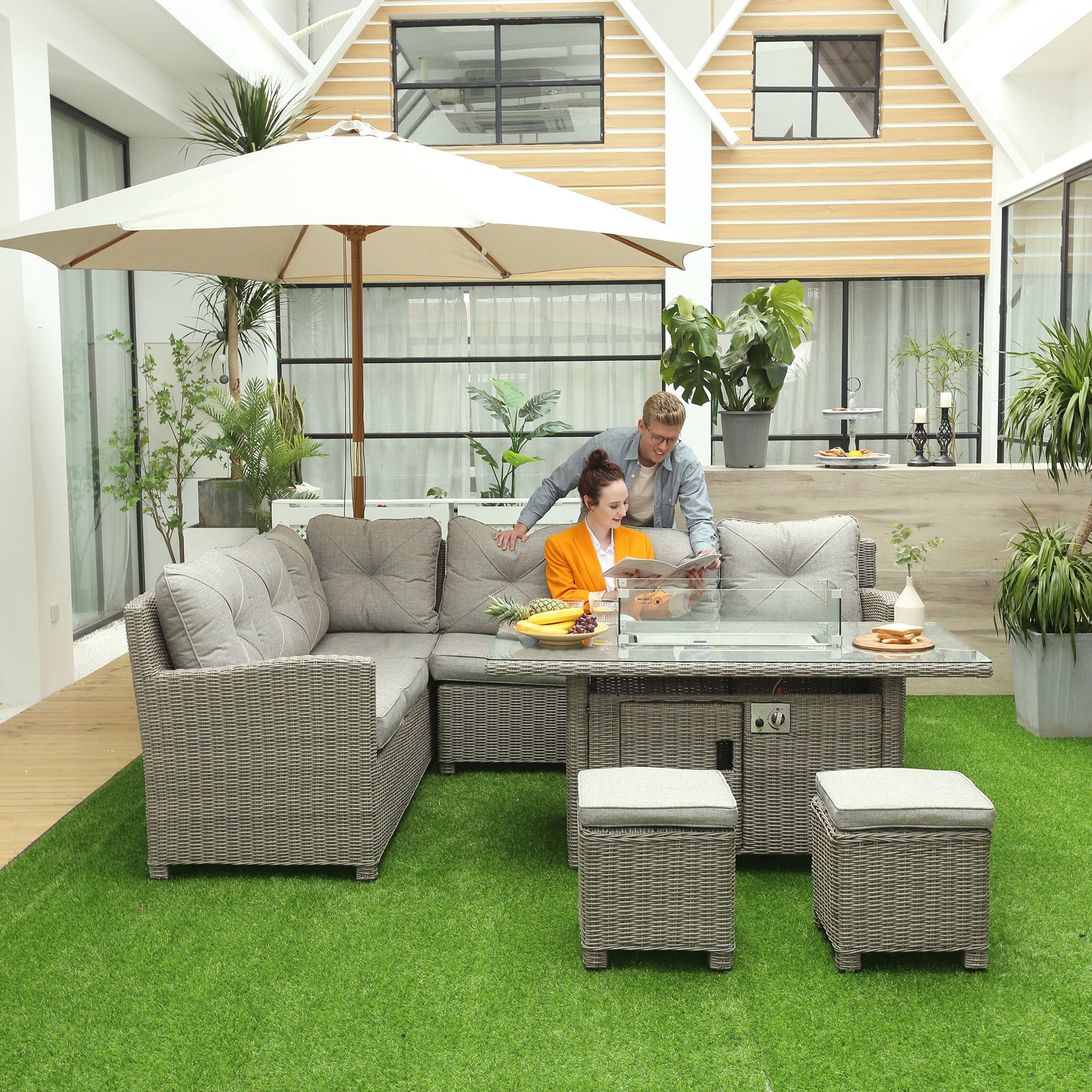 Outsunny 8-Seater Outdoor PE Rattan Sofa Set with Fire Pit Table