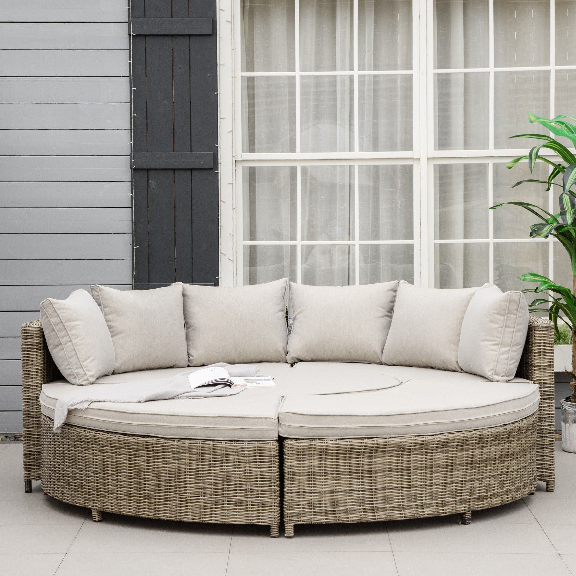 Outsunny 5 Pieces Outdoor PE Rattan Round Garden Daybed with Cushions