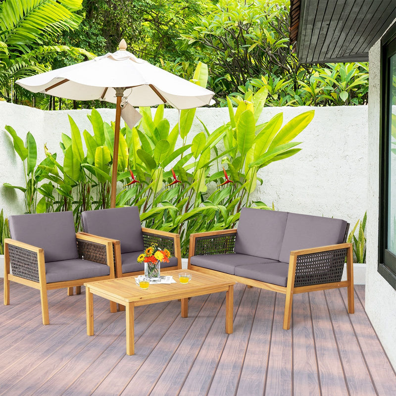 Costway 4-Piece Patio Acacia Wood Furniture Set with Removable Cushions | Grey | HW71708GR