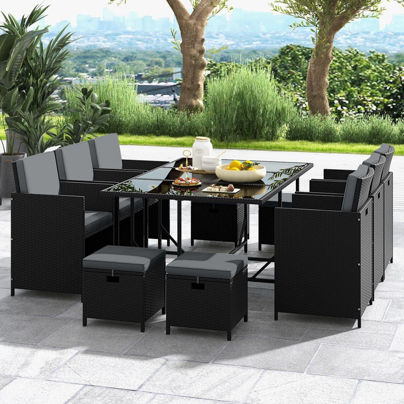 Costway 11-Piece Patio Dining Set with Ottomans | Garden Yard Poolside | Grey | HW71702GR