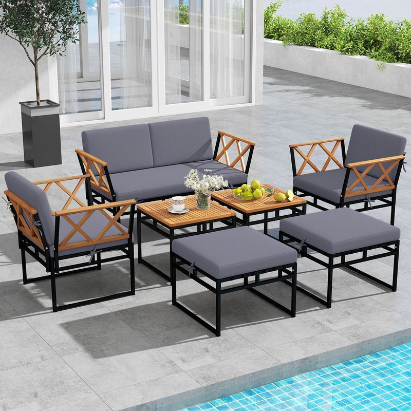 Costway 7-Piece Outdoor Conversation Set with Ottomans | Porch Garden Terrace | Grey | HW74059GR
