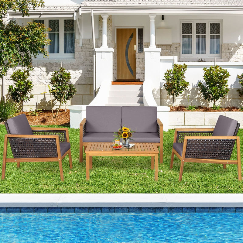 Costway 4-Piece Patio Acacia Wood Furniture Set with Removable Cushions | Grey | HW71708GR