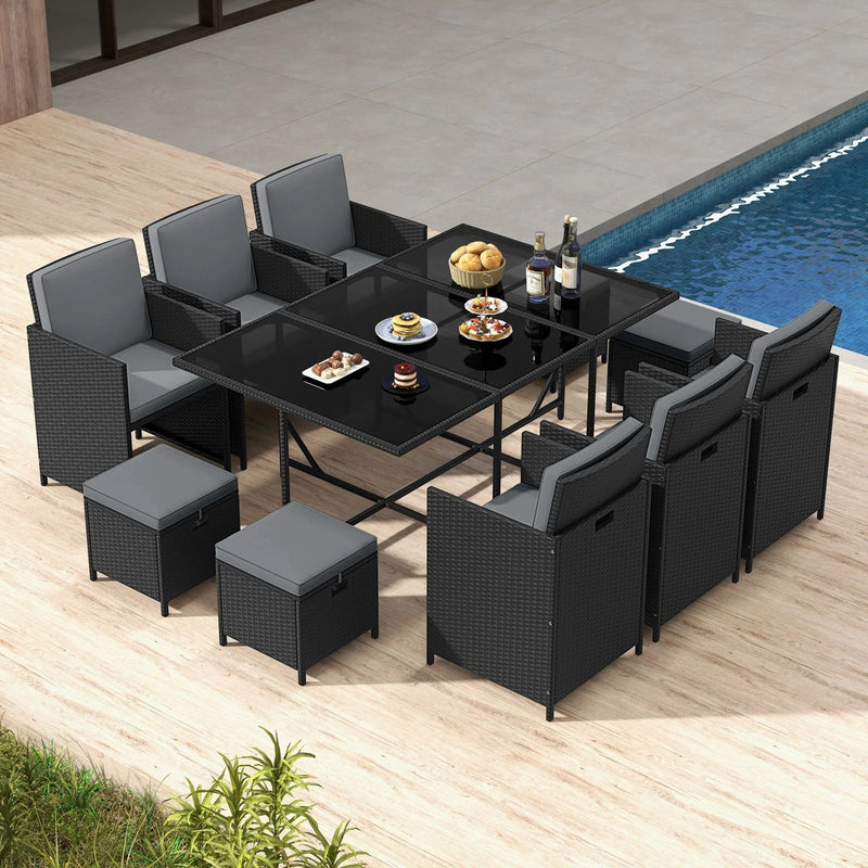 Costway 11-Piece Patio Dining Set with Ottomans | Garden Yard Poolside | Grey | HW71702GR
