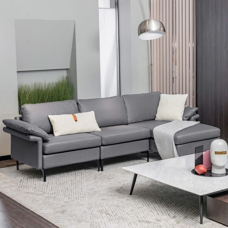Costway L-Shaped 3-Seat Upholstered Sectional Sofa | Grey | Living Room Corner Sofa