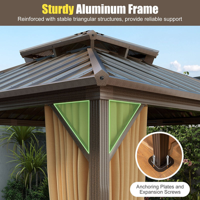 Costway 290 x 290 cm Hardtop Gazebo with Netting and Curtain and Double-Roof Metal Top-Coffee