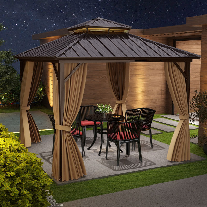 Costway 290 x 290 cm Hardtop Gazebo with Netting and Curtain and Double-Roof Metal Top-Coffee