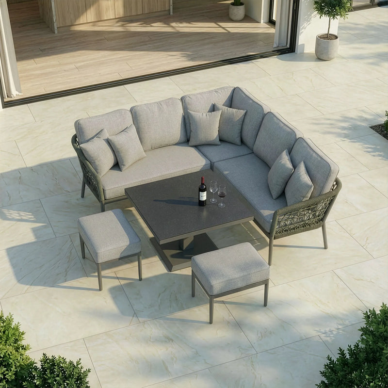 Maze - Monaco Rope Weave Small Corner Dining Set with Rising Table & Footstools - Ivy Green