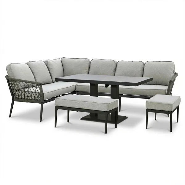 Maze - Monaco Rope Weave Large Corner Dining Set with Rising Table & Footstools - Ivy Green