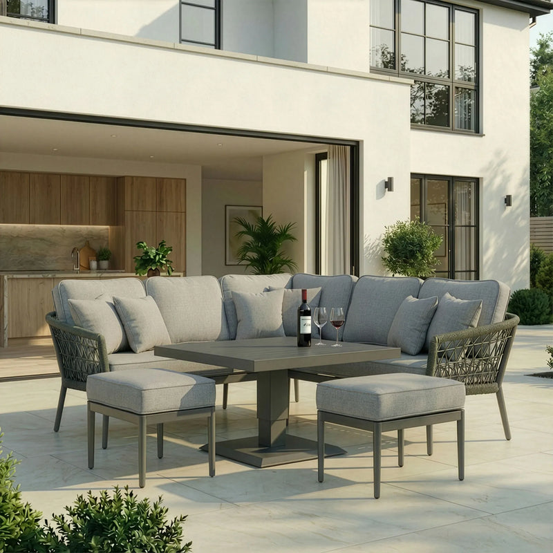 Maze - Monaco Rope Weave Small Corner Dining Set with Rising Table & Footstools - Ivy Green