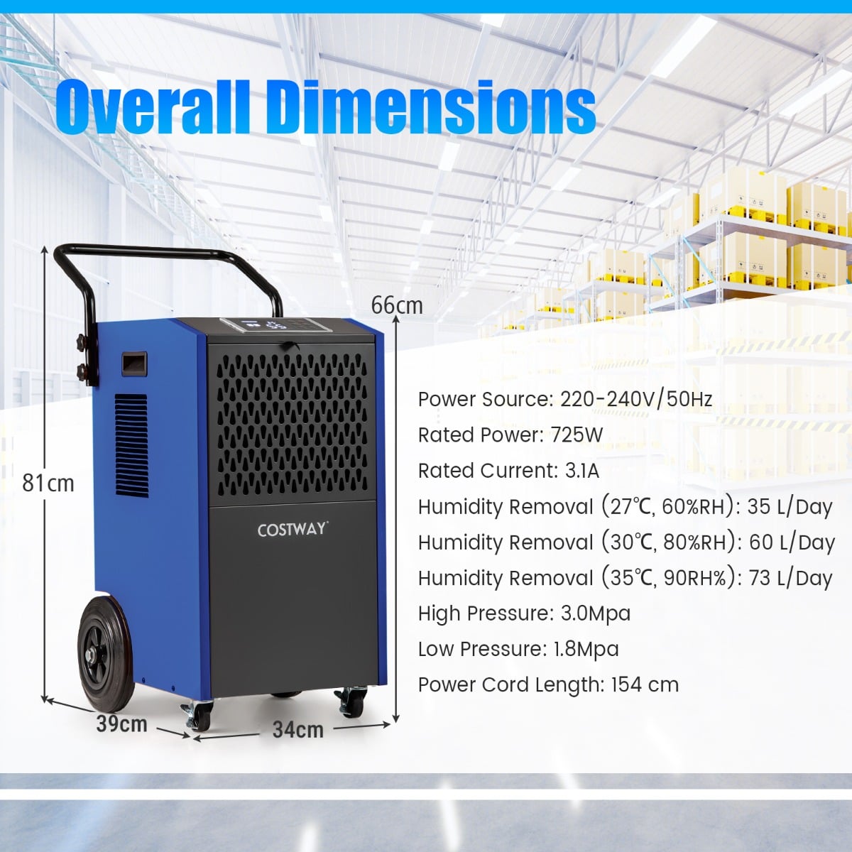 73 L/Day Industrial Dehumidifier with Drain Hose and Timer