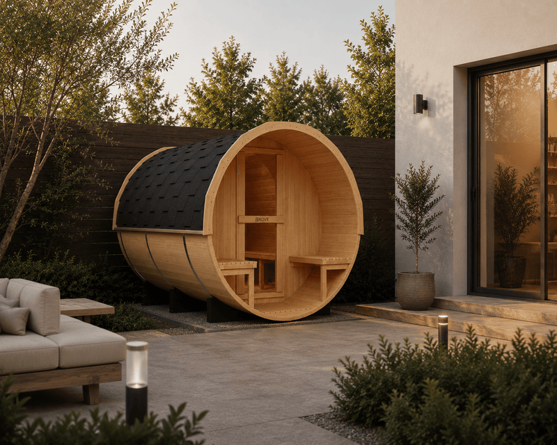 KOVE Outdoor Barrel Sauna – 4–6 Person Garden Sauna with 6kW Harvia Electric Heater - image 3