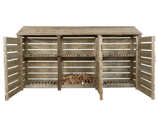 Slatted Wooden Log Store with Doors and Shelf W-335cm, H-126cm or 180cm, D-88cm