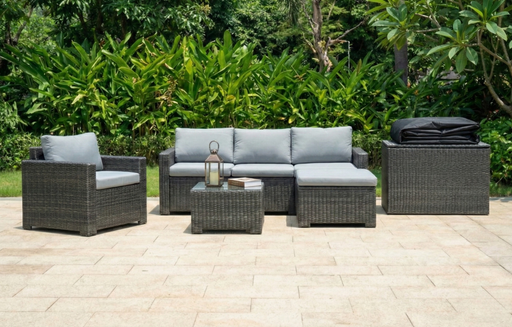 Marbella Grey 5 Seater Chaise Garden Sofa Set, Cover and Cushion Box Bundle
