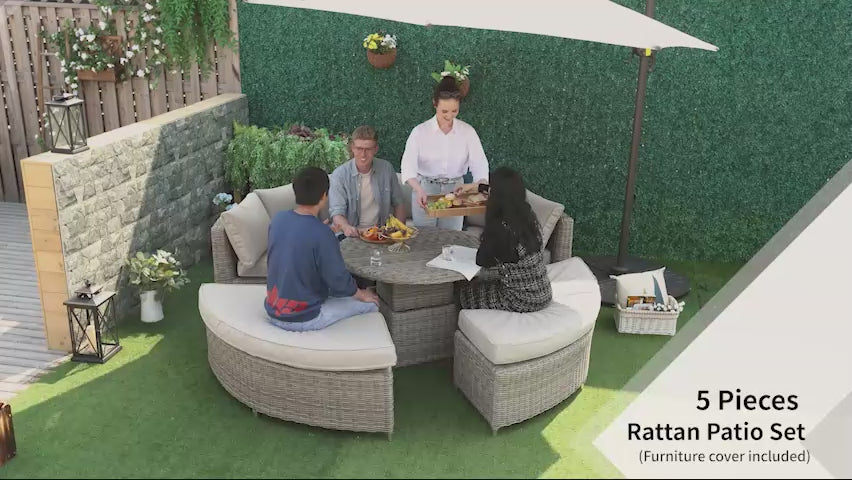 Outsunny 5 Pieces Outdoor PE Rattan Round Garden Daybed with Cushions