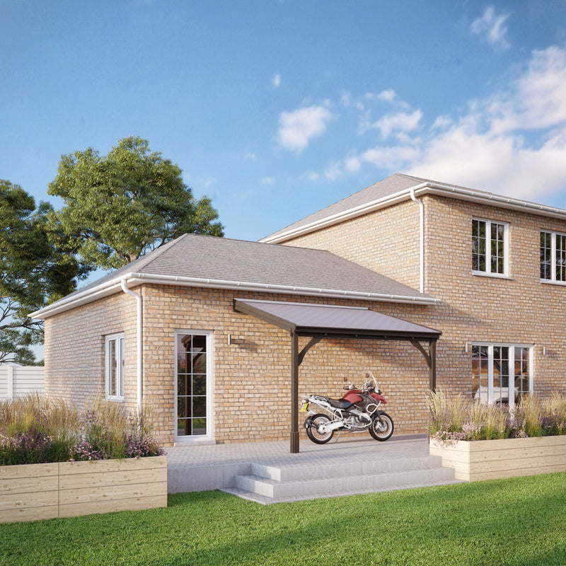 Wall Mounted Felt Shingle Roof Carport - Rustic Brown - 3.5m Depth x 4.34m Width
