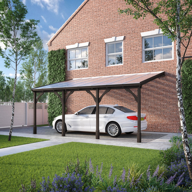 Wall Mounted Polycarbonate Roof Carport - Rustic Brown - 4.5m Depth x 6.5m Width
