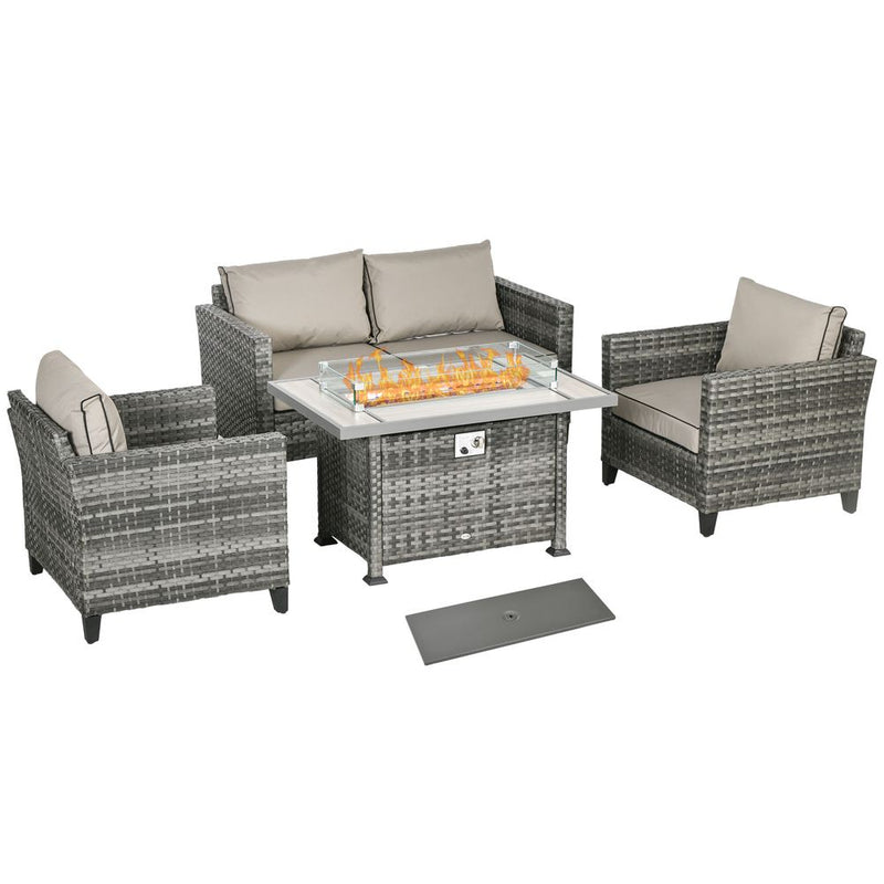 Outsunny 5PC Rattan Garden Set with Gas Fire Pit Table