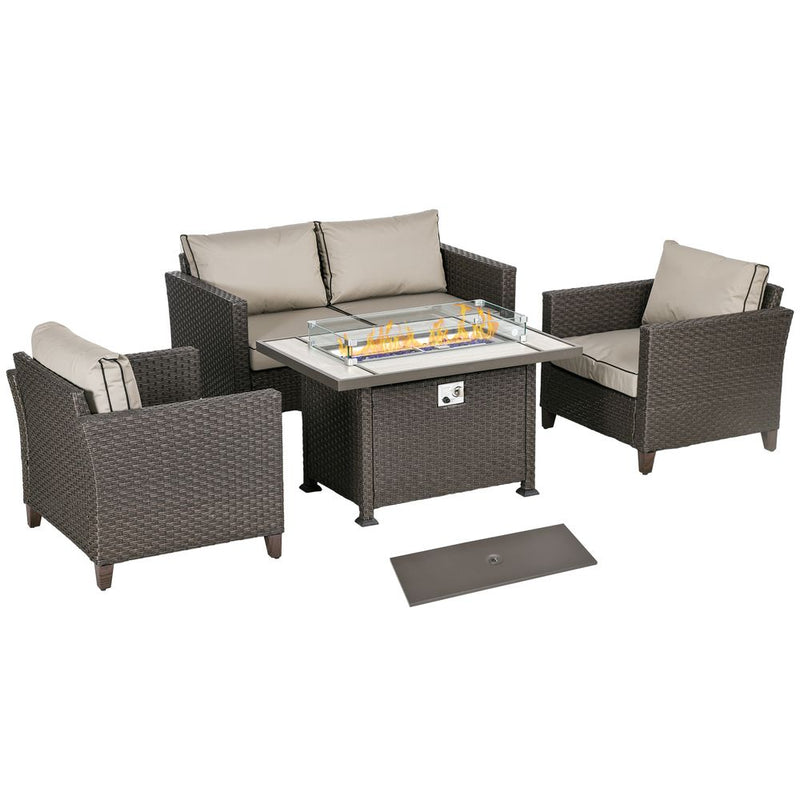 Outsunny 5PC Rattan Garden Set with Gas Fire Pit Table