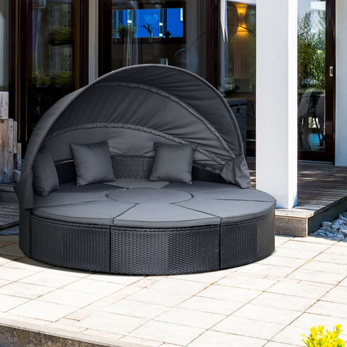 Outdoor Garden Daybed Set w/ Cushioned Round Sofa Bed Conversation Furnitur
