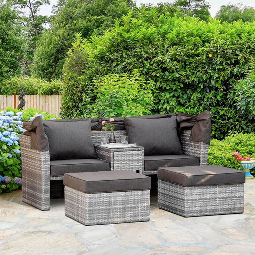 PE Rattan Daybed 2-Seater Sofa Footstool Tempered Glass Table - image 2