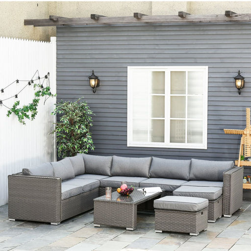 6 PCs PE Rattan Wicker Corner Sofa Set - Grey - Coffee Table & Footstool w/ Cushion