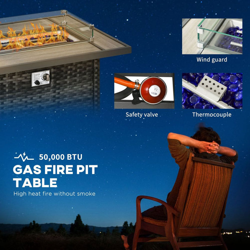 Outsunny 5PC Rattan Garden Set with Gas Fire Pit Table