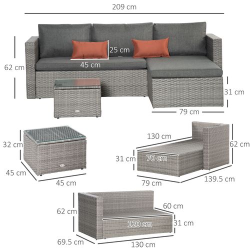 3 Pc PE Rattan Corner Sofa Set, w/ Tempered Glass Table-top & Soft Cushion Grey - image 3