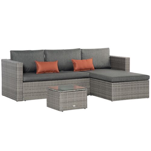 3 Pc PE Rattan Corner Sofa Set, w/ Tempered Glass Table-top & Soft Cushion Grey - image 2